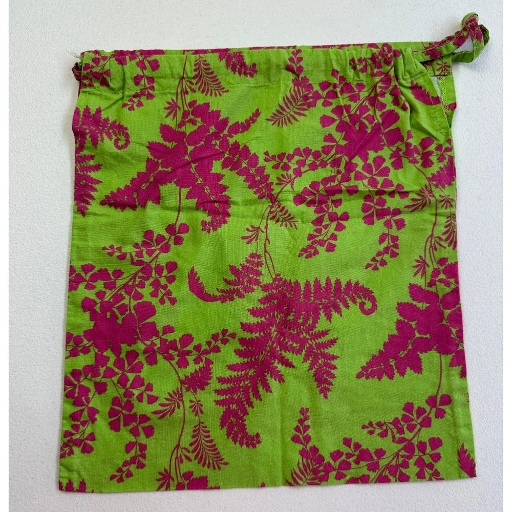Once Upon A Rose Pink Green Print Drawstring‎ Laundry Bag 12x14 Embroidered